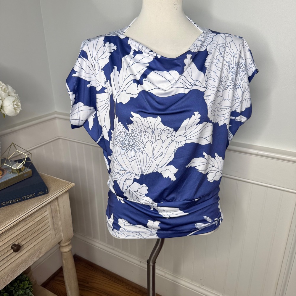 Clara Sunwoo Blue White Floral Cowl Neck Ruched Waist Dolman Top Small